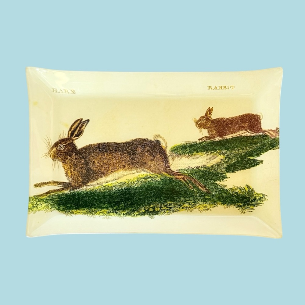 Hare & Rabbit Glass Platter Tray Trinket Dish Vanity Tray 11.5” x 7.75”